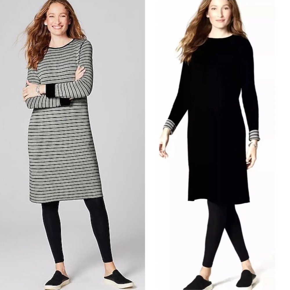 J.Jill Reversible Sweater Dress Black Grey Stripe Cotton Knit Petite Size XS NWT